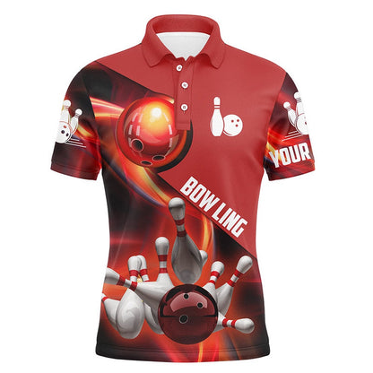 Custom Bowling Polo Shirts, Men'S Bowling Shirt Custom Name Red Flame Bowling Shirt, Personalized Bowling Jerseys