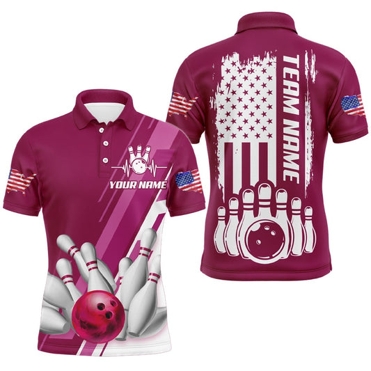 Custom Bowling Polo Shirts, Men'S Bowling Shirt Pink Bowling Unisex With Name Polo Bowling Shirt Personalized Patriotic Bowling Shirt