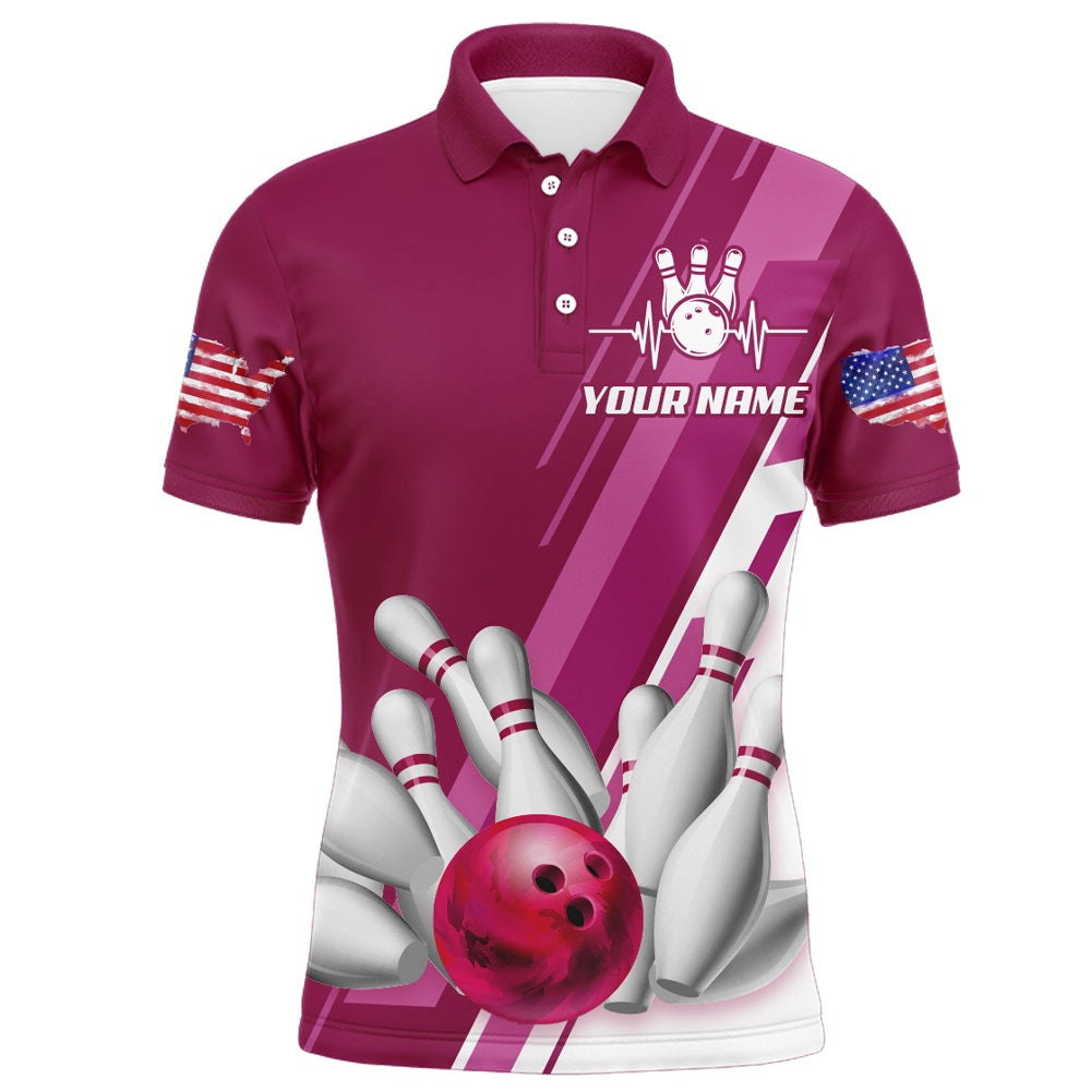 Custom Bowling Polo Shirts, Men'S Bowling Shirt Pink Bowling Unisex With Name Polo Bowling Shirt Personalized Patriotic Bowling Shirt