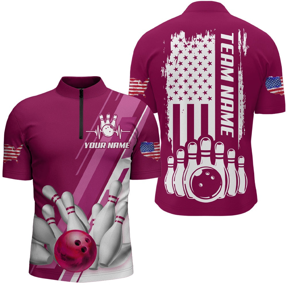 Custom Bowling Polo Shirts, Men'S Bowling Shirt Pink Bowling Unisex With Name Zip Bowling Shirt Personalized Patriotic Bowling Shirt