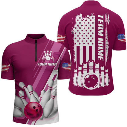 Custom Bowling Polo Shirts, Men'S Bowling Shirt Pink Bowling Unisex With Name Zip Bowling Shirt Personalized Patriotic Bowling Shirt