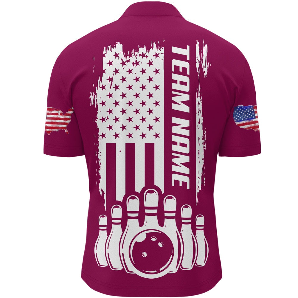 Custom Bowling Polo Shirts, Men'S Bowling Shirt Pink Bowling Unisex With Name Zip Bowling Shirt Personalized Patriotic Bowling Shirt