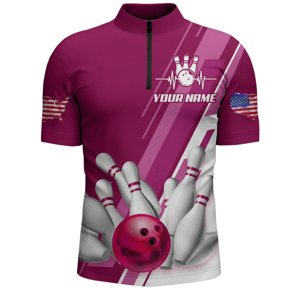 Custom Bowling Polo Shirts, Men'S Bowling Shirt Pink Bowling Unisex With Name Zip Bowling Shirt Personalized Patriotic Bowling Shirt