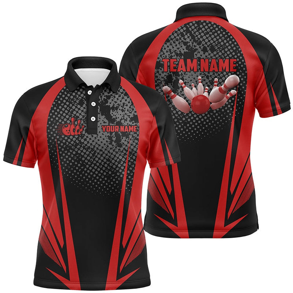 Custom Bowling Polo Shirts, Men'S Bowling Short Sleeve Polo Custom Bowling Ball And Pins Black And Red Team Men Bowlers Jerseys
