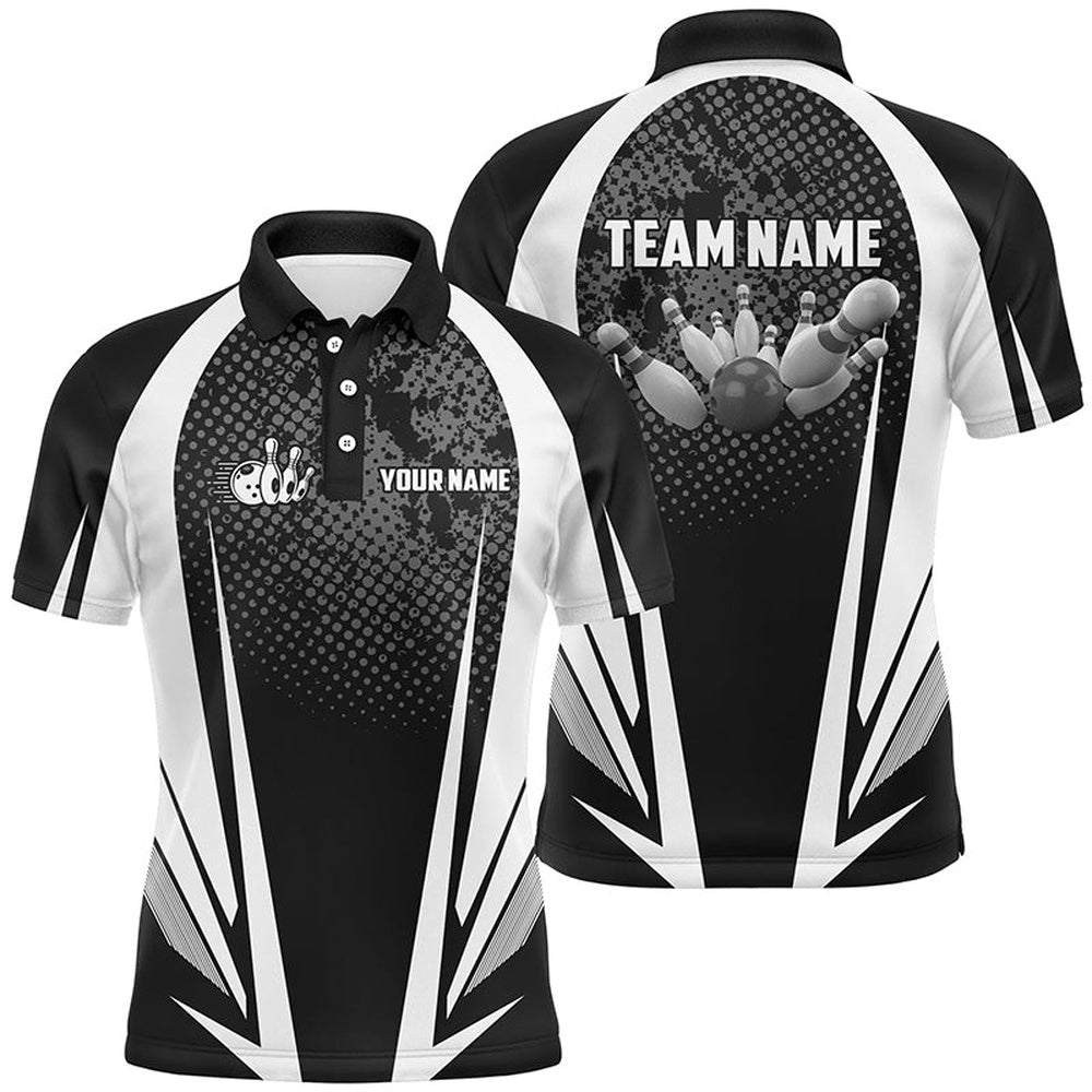 Custom Bowling Polo Shirts, Men'S Bowling Short Sleeve Polo Custom Bowling Ball And Pins Black And White Team Men Bowlers Jerseys