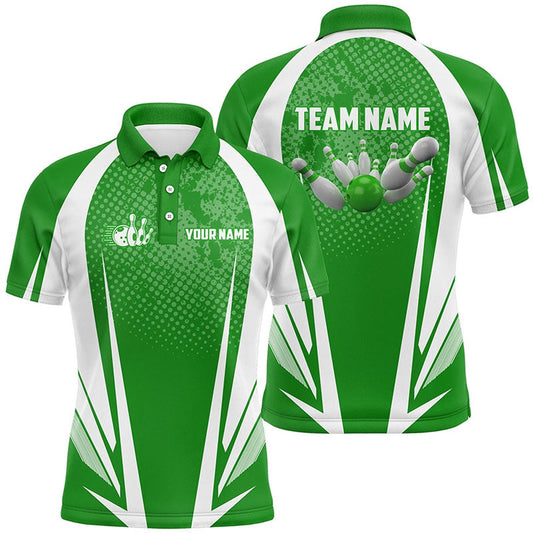 Custom Bowling Polo Shirts, Men'S Bowling Short Sleeve Polo Custom Bowling Ball And Pins Green And White Team Men Bowlers Jerseys