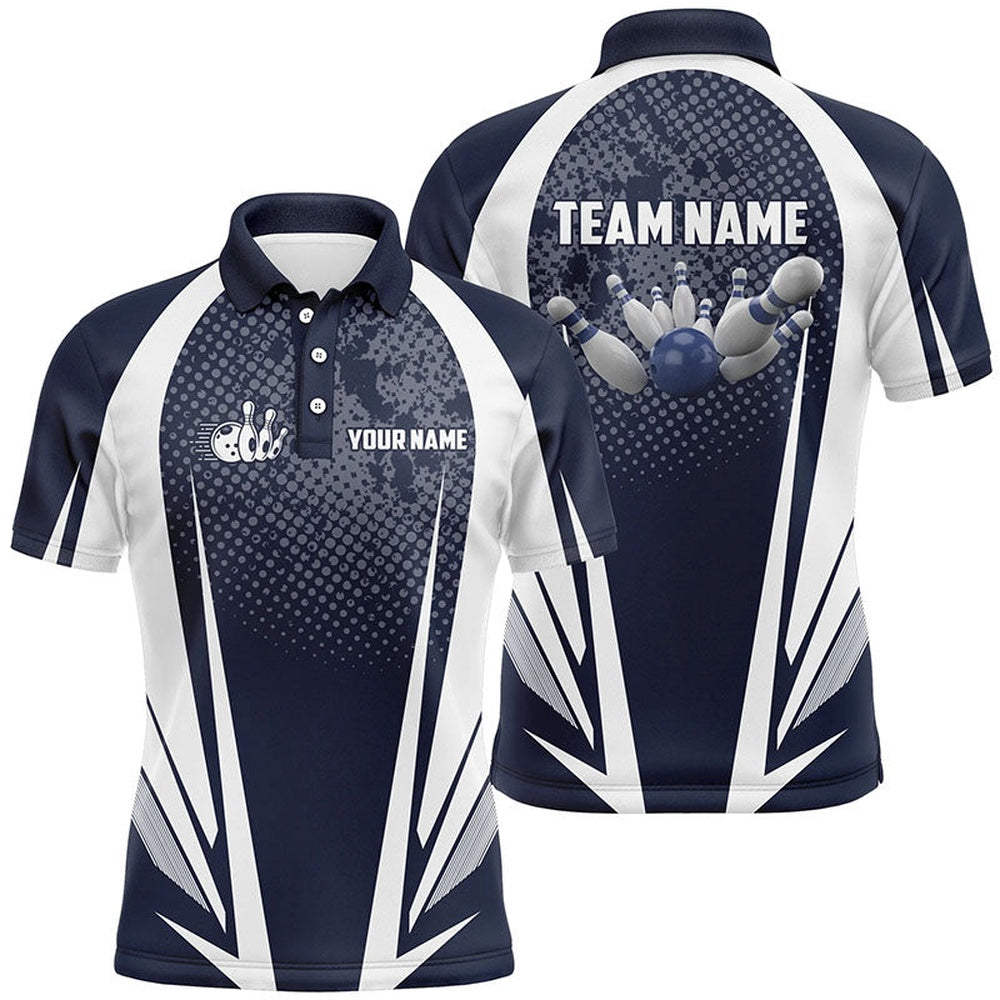 Custom Bowling Polo Shirts, Men'S Bowling Short Sleeve Polo Custom Bowling Ball And Pins Navy And White Team Men Bowlers Jerseys