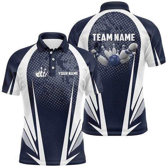 Custom Bowling Polo Shirts, Men'S Bowling Short Sleeve Polo Custom Bowling Ball And Pins Navy And White Team Men Bowlers Jerseys