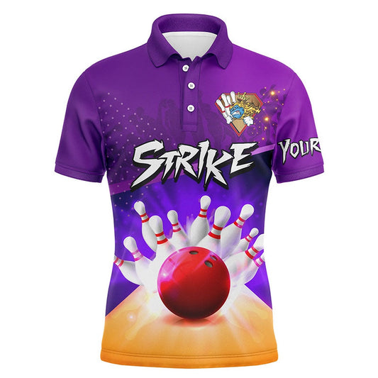 Custom Bowling Polo Shirts, Men'S Bowling Short Sleeve Polo Custom Bowling Ball And Pins Strike Purple Team Men Bowlers Jerseys