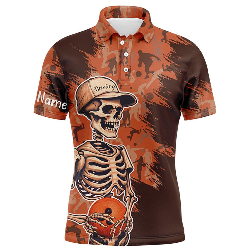 Custom Bowling Polo Shirts, Men'S Skull Orange Camo Bowling Short Sleeve Polo Shirt Custom Name Men Bowlers Jersey