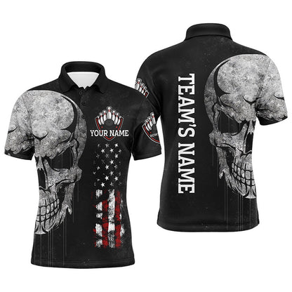 Custom Bowling Polo Shirts, Men'S Skull Polo Bowling Shirt, Patriotic Custom Name Men Bowlers Jersey American Flag