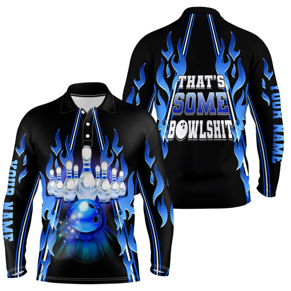 Custom Bowling Polo Shirts, Mens Bowling Polo Shirt Custom Blue Flame That'S Some Bowlshit Bowling Ball Pins Team League Jerseys