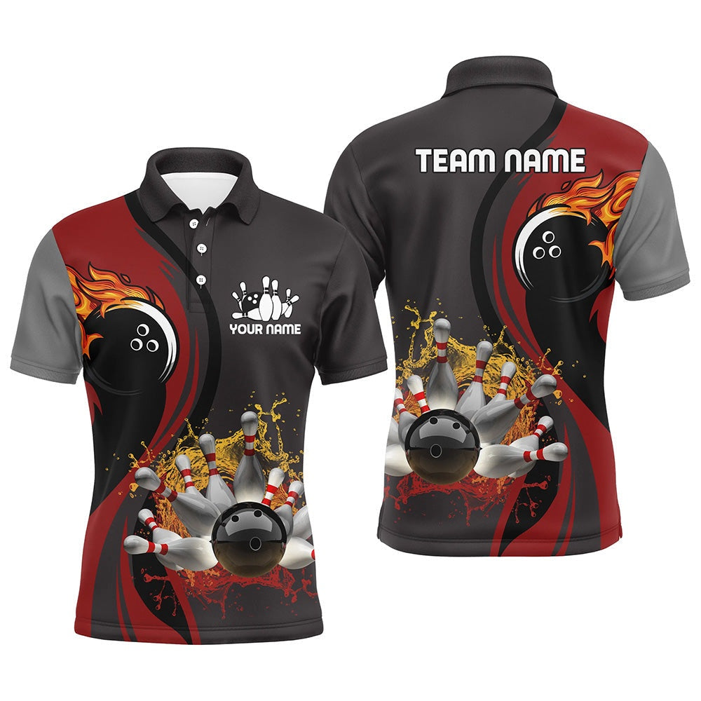 Custom Bowling Polo Shirts, Mens Bowling Polo Shirt Custom Flame Bowling Ball Pins Bowler Jerseys For Mens Red