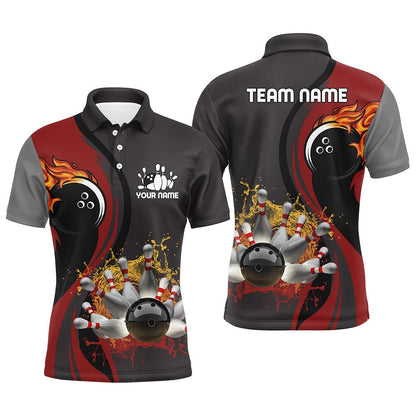Custom Bowling Polo Shirts, Mens Bowling Polo Shirt Custom Flame Bowling Ball Pins Bowler Jerseys For Mens Red