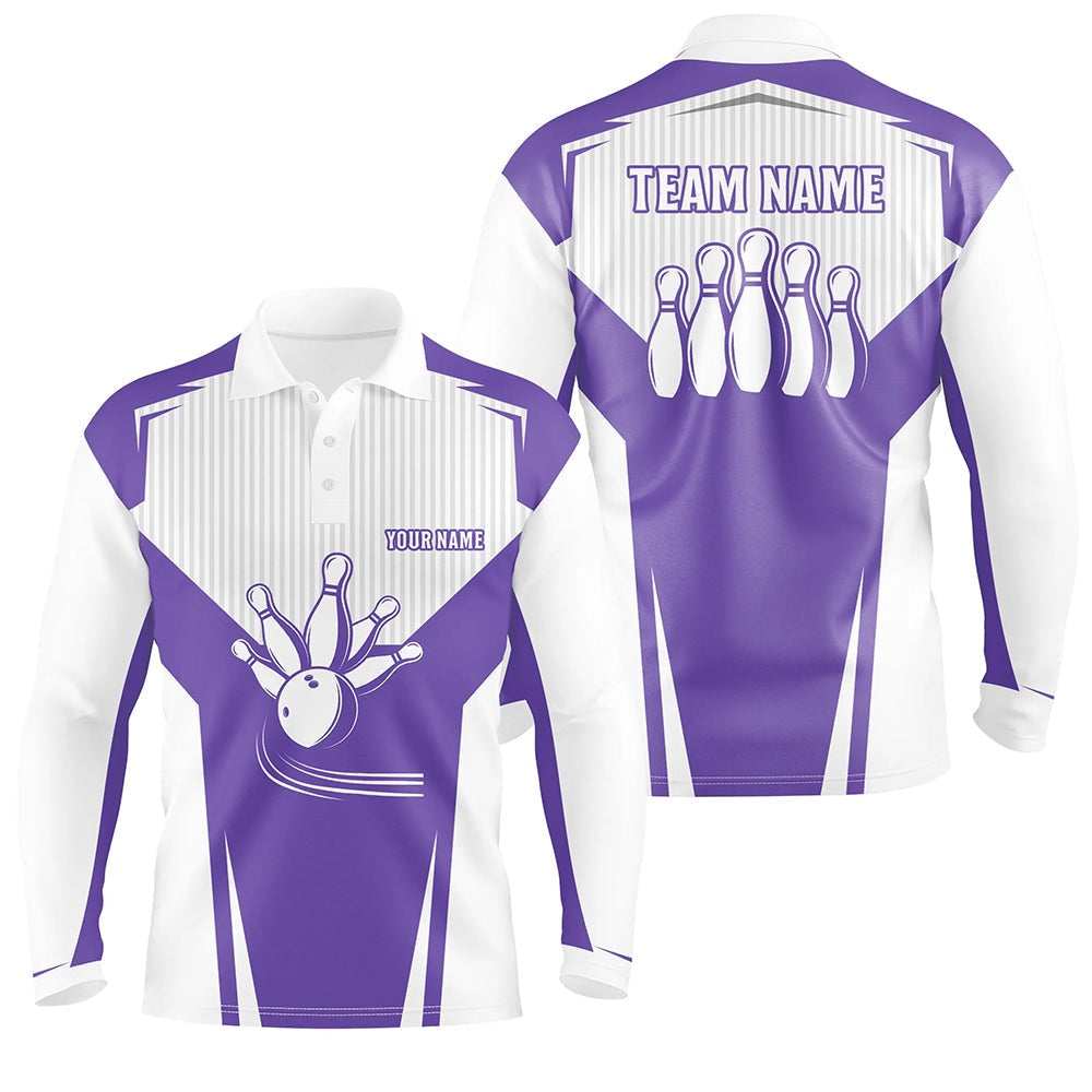 Custom Bowling Polo Shirts, Mens Bowling Polo Shirt Customized Bowling Strike Team League Jerseys, Bowler Gift Purple