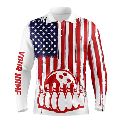 Custom Bowling Polo Shirts, Mens Bowling Polo Shirts Custom American Flag Bowling Ball Pins Team Bowling Jerseys For Men