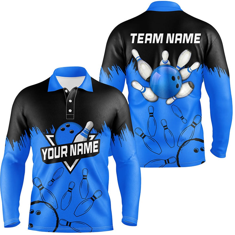 Custom Bowling Polo Shirts, Mens Bowling Polo Shirts Custom Black And Blue Bowling Team League Jerseys For Bowlers