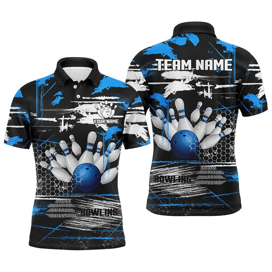 Custom Bowling Polo Shirts, Mens Bowling Polo Shirts Custom Black And Blue Retro Bowling Team League Jerseys, Gifts For Bowlers