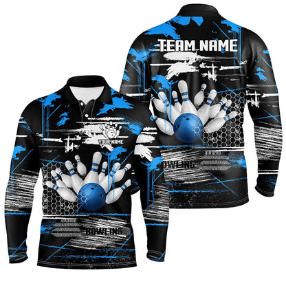 Custom Bowling Polo Shirts, Mens Bowling Polo Shirts Custom Black And Blue Retro Bowling Team League Jerseys, Gifts For Bowlers
