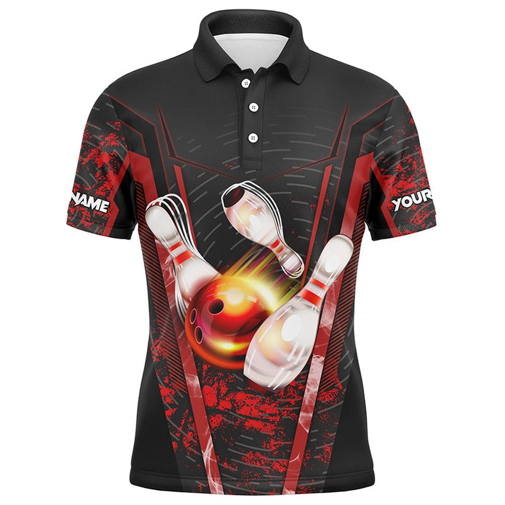 Custom Bowling Polo Shirts, Mens Bowling Polo Shirts Custom Black And Red Bowling Apparel Team Bowling Jerseys, Gift For Bowlers