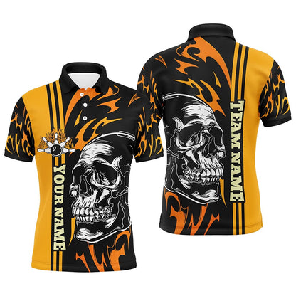 Custom Bowling Polo Shirts, Mens Bowling Polo Shirts Custom Black And Yellow Flame Skull Bowling Ball And Pins Team League Jerseys