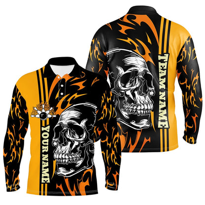 Custom Bowling Polo Shirts, Mens Bowling Polo Shirts Custom Black And Yellow Flame Skull Bowling Ball And Pins Team League Jerseys