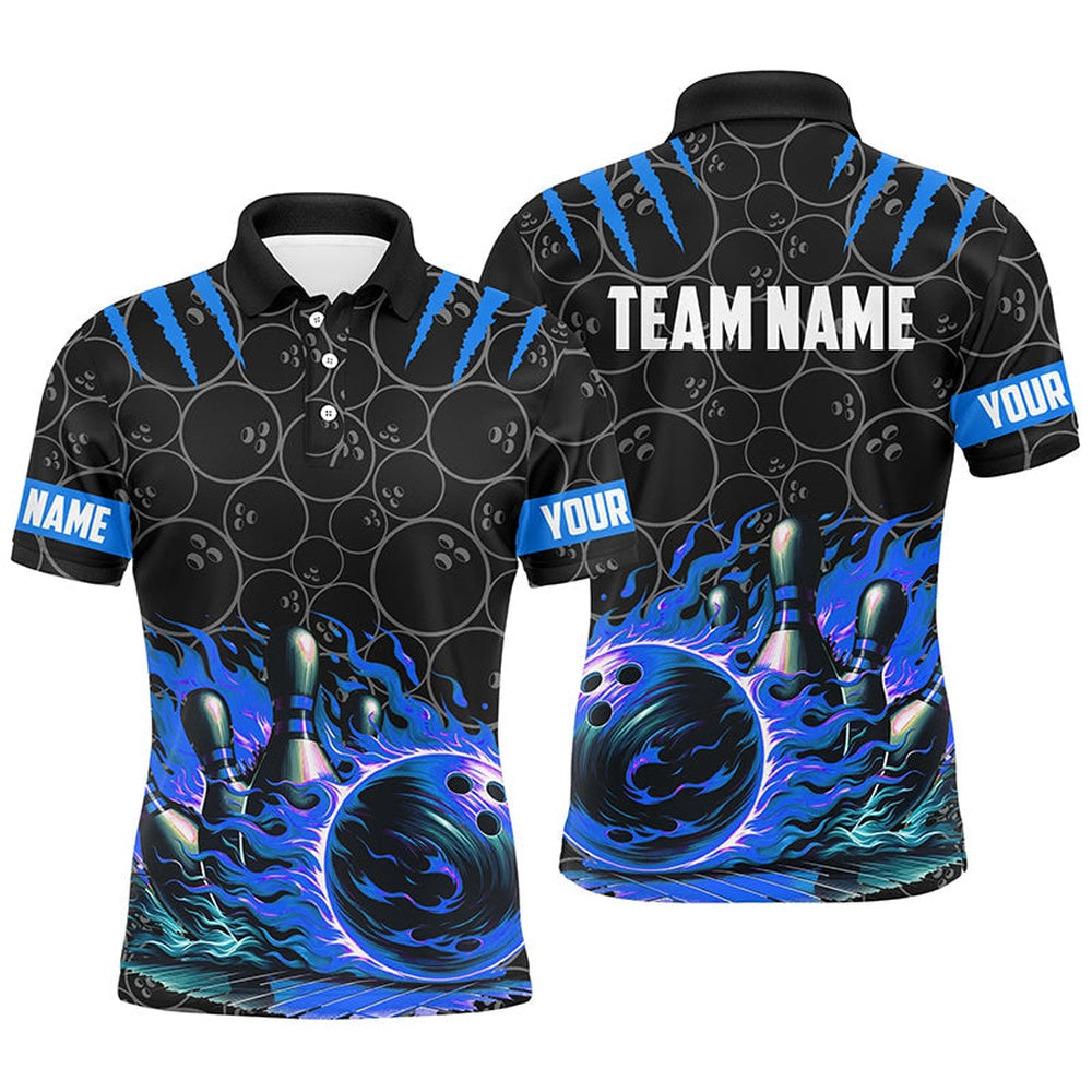 Custom Bowling Polo Shirts, Mens Bowling Polo Shirts Custom Black Blue Flame Bowling Shirt, Bowling Team Jerseys Gift For Bowlers
