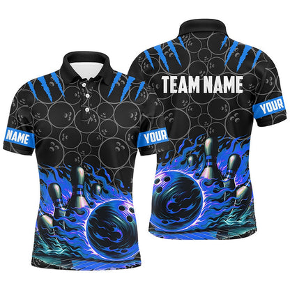 Custom Bowling Polo Shirts, Mens Bowling Polo Shirts Custom Black Blue Flame Bowling Shirt, Bowling Team Jerseys Gift For Bowlers