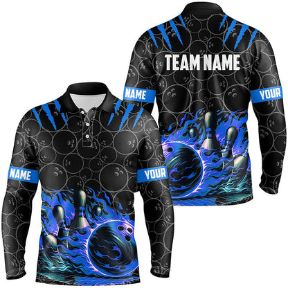 Custom Bowling Polo Shirts, Mens Bowling Polo Shirts Custom Black Blue Flame Bowling Shirt, Bowling Team Jerseys Gift For Bowlers