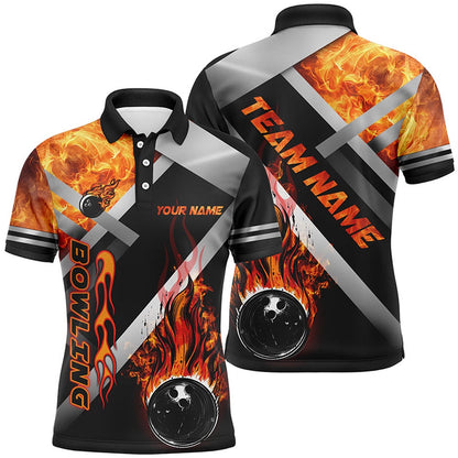 Custom Bowling Polo Shirts, Mens Bowling Polo Shirts Custom Black Bowling Ball Flame Bowling Team League Jerseys, Gift For Bowlers