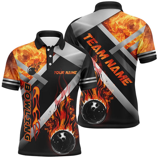 Custom Bowling Polo Shirts, Mens Bowling Polo Shirts Custom Black Bowling Ball Flame Bowling Team League Jerseys, Gift For Bowlers