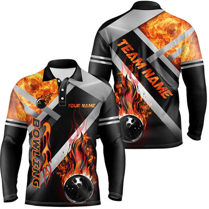 Custom Bowling Polo Shirts, Mens Bowling Polo Shirts Custom Black Bowling Ball Flame Bowling Team League Jerseys, Gift For Bowlers
