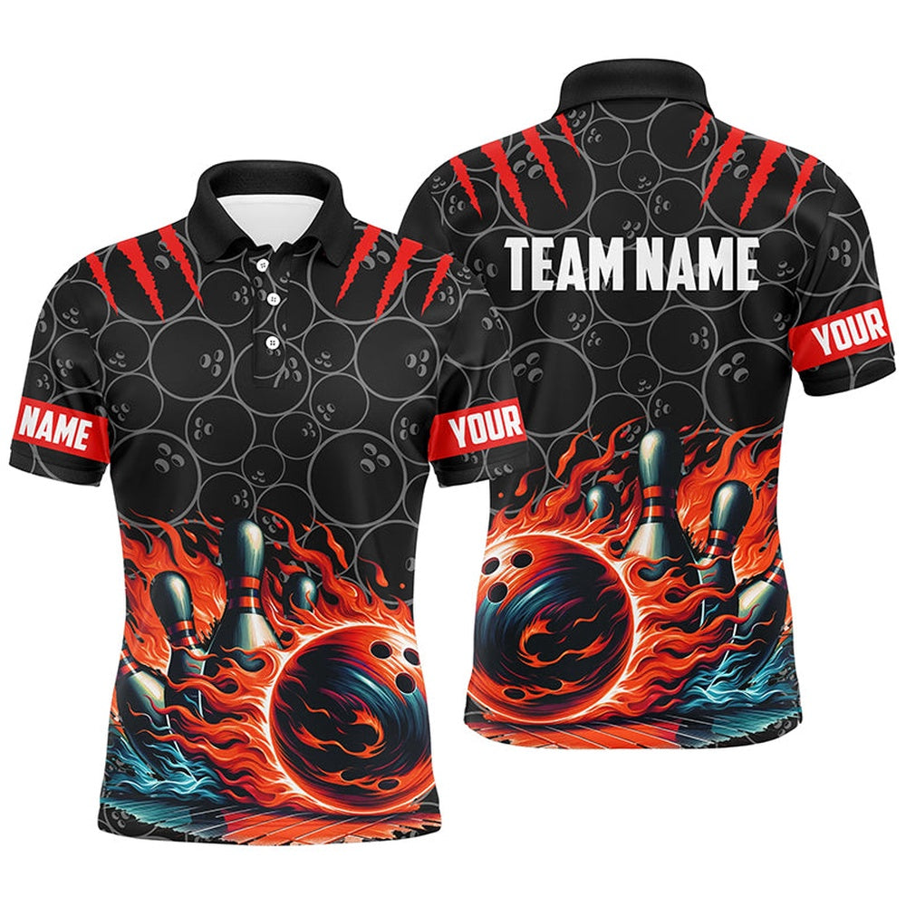 Custom Bowling Polo Shirts, Mens Bowling Polo Shirts Custom Black Red Flame Bowling Shirt, Bowling Team Jerseys Gift For Bowlers