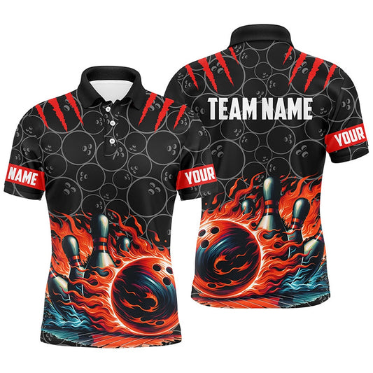 Custom Bowling Polo Shirts, Mens Bowling Polo Shirts Custom Black Red Flame Bowling Shirt, Bowling Team Jerseys Gift For Bowlers