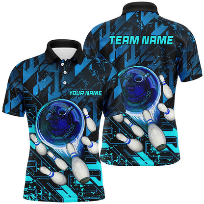 Custom Bowling Polo Shirts, Mens Bowling Polo Shirts Custom Blue Abstract Bowling Team League Jerseys For Bowlers