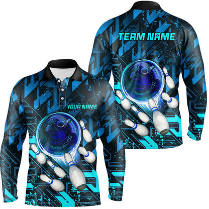 Custom Bowling Polo Shirts, Mens Bowling Polo Shirts Custom Blue Abstract Bowling Team League Jerseys For Bowlers