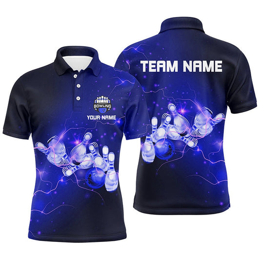 Custom Bowling Polo Shirts, Mens Bowling Polo Shirts Custom Blue Flashes Of Lightning Thunder Bowling Team Mens Bowler Jerseys