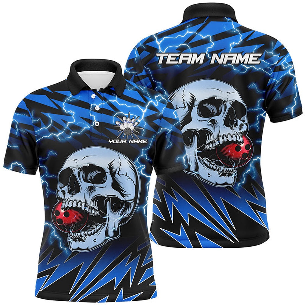 Custom Bowling Polo Shirts, Mens Bowling Polo Shirts Custom Blue Lightning Thunder Skull Bowling Team Jersey, Gift For Bowlers
