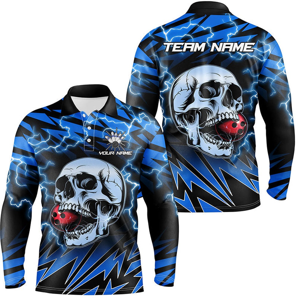 Custom Bowling Polo Shirts, Mens Bowling Polo Shirts Custom Blue Lightning Thunder Skull Bowling Team Jersey, Gift For Bowlers