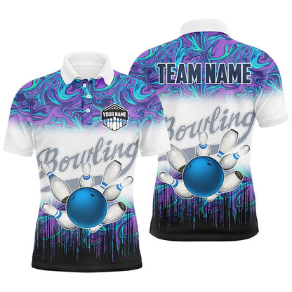 Custom Bowling Polo Shirts, Mens Bowling Polo Shirts Custom Blue Purple Marble Pattern Bowling Team Jerseys, Gift For Bowlers