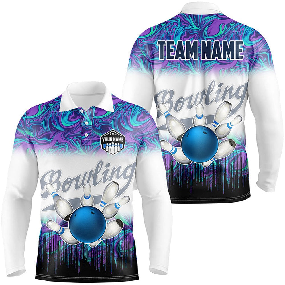 Custom Bowling Polo Shirts, Mens Bowling Polo Shirts Custom Blue Purple Marble Pattern Bowling Team Jerseys, Gift For Bowlers