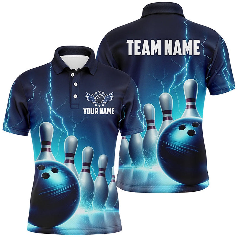 Custom Bowling Polo Shirts, Mens Bowling Polo Shirts Custom Blue Thunder Lightning Bowling Team Jerseys Bowler Outfits