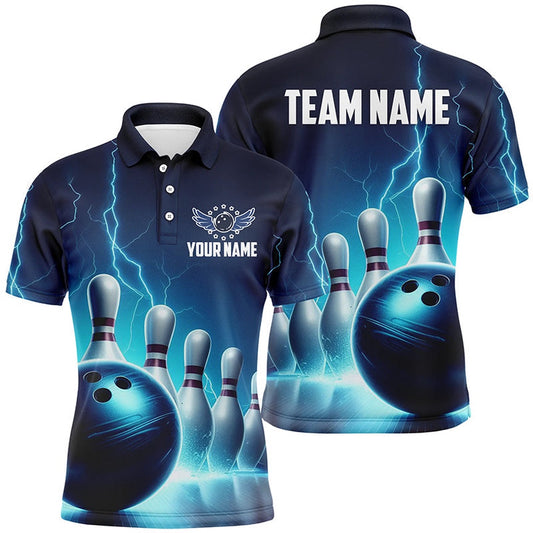 Custom Bowling Polo Shirts, Mens Bowling Polo Shirts Custom Blue Thunder Lightning Bowling Team Jerseys Bowler Outfits