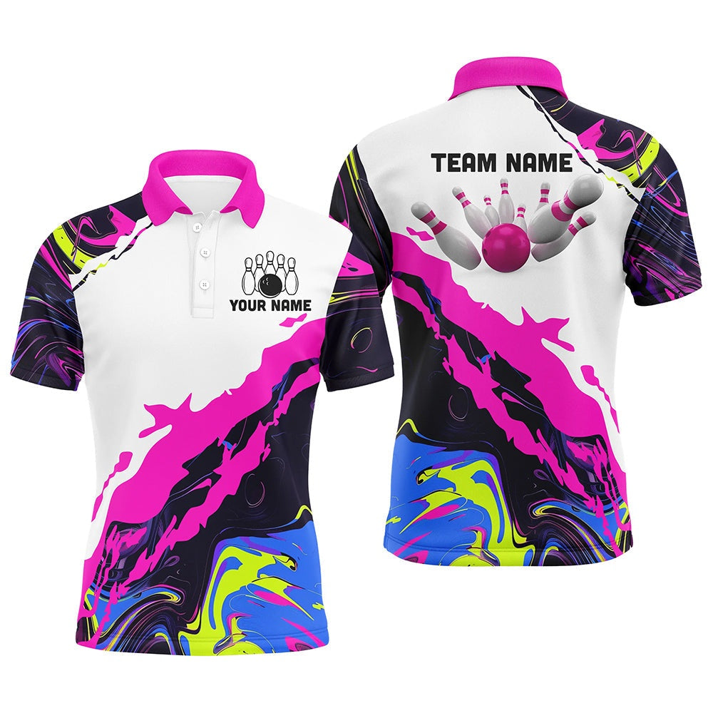 Custom Bowling Polo Shirts, Mens Bowling Polo Shirts Custom Bowling Ball And Pins Team League Jerseys, Gifts For Bowlers Pink