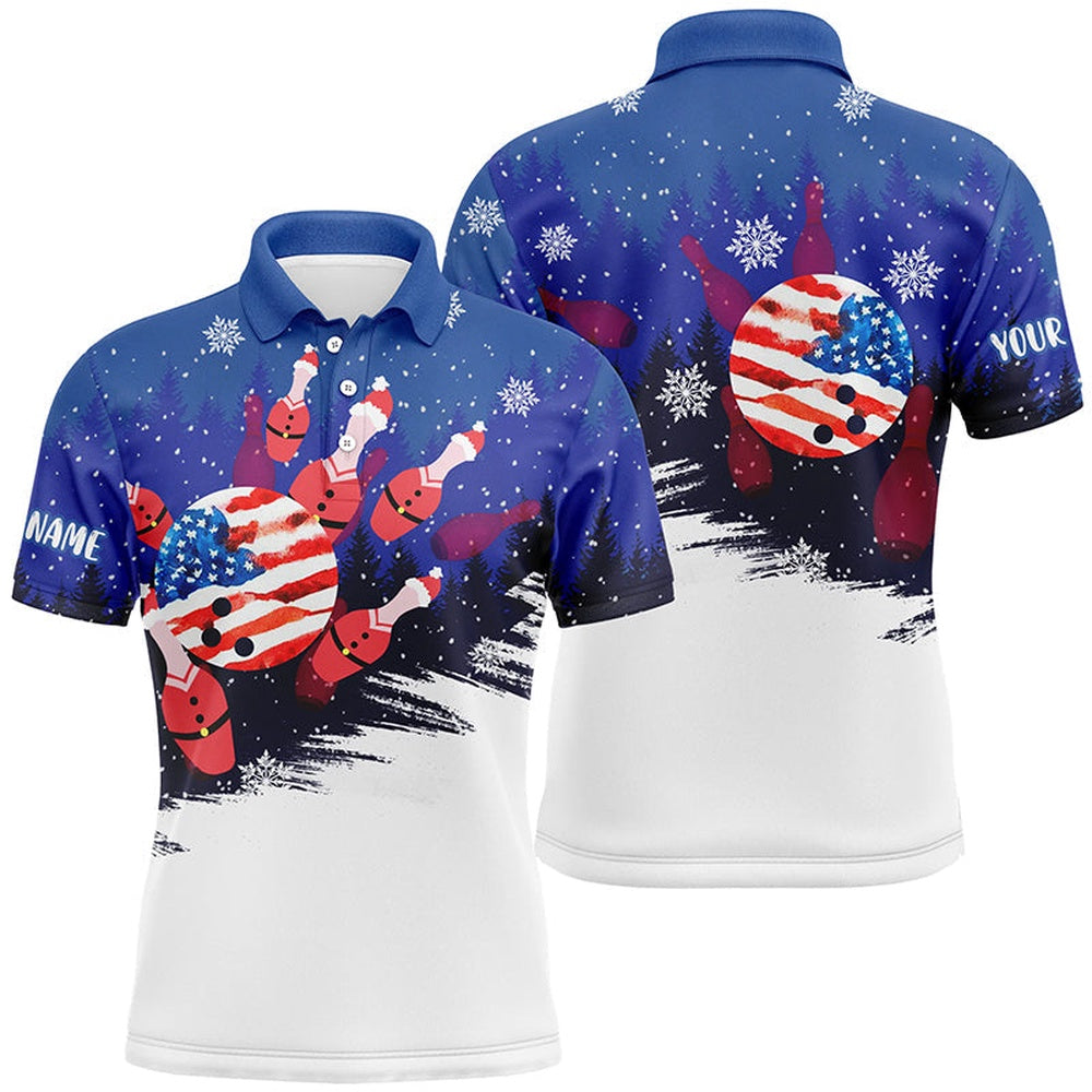 Custom Bowling Polo Shirts, Mens Bowling Polo Shirts Custom Christmas Bowling Santa Pins American Flag Team Mens Blue Jerseys