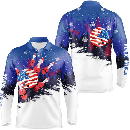 Custom Bowling Polo Shirts, Mens Bowling Polo Shirts Custom Christmas Bowling Santa Pins American Flag Team Mens Blue Jerseys