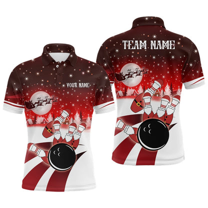 Custom Bowling Polo Shirts, Mens Bowling Polo Shirts Custom Christmas Santa Bowling Ball Pins Team Men'S Jersey Red
