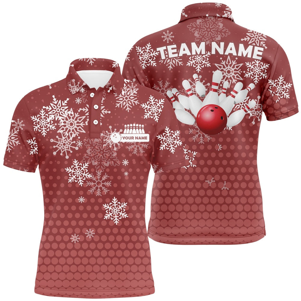 Custom Bowling Polo Shirts, Mens Bowling Polo Shirts Custom Christmas Snowflake Bowling Ball Pins Team Ladies Jersey Red