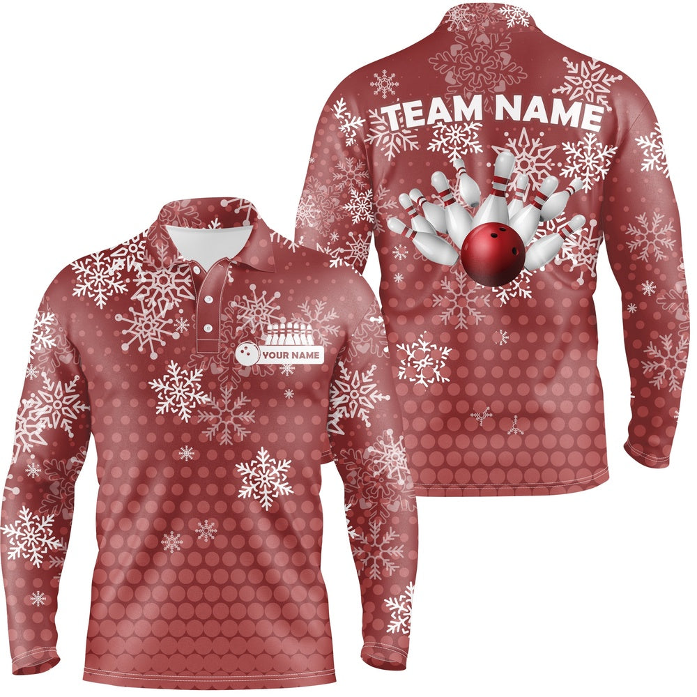 Custom Bowling Polo Shirts, Mens Bowling Polo Shirts Custom Christmas Snowflake Bowling Ball Pins Team Ladies Jersey Red