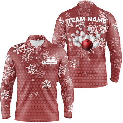 Custom Bowling Polo Shirts, Mens Bowling Polo Shirts Custom Christmas Snowflake Bowling Ball Pins Team Ladies Jersey Red
